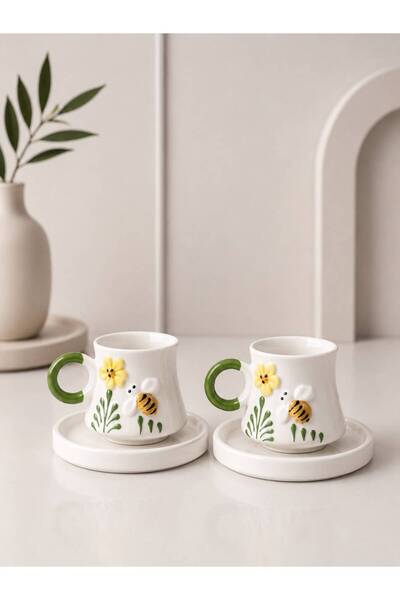 Si Sorti Ceramics El Yapımı Arı ve Çiçek Desenli 2’li Türk Kahvesi Fincan Takımı