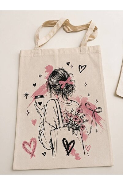 nesebutik Special Design Floral and Coffee Girl Printed Raw Cloth Bag