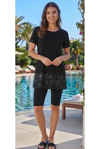 lazella Short Sleeve Knee-Length Tights Pool Swimsuit Sequined