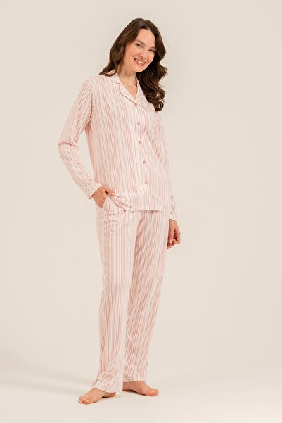 Arnetta Women's Long Sleeve Dusty Pink Striped Modal Shirt Pajama Set (with S...