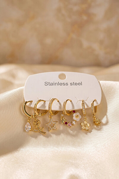 Generic Brand 316L Steel Gold Color Flower Detailed Women's Earring Set