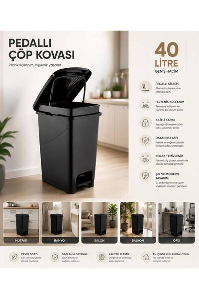 E-LİFE HOME Pedallı İç Kovalı Çöp Kovası 40 Litre SİYAH