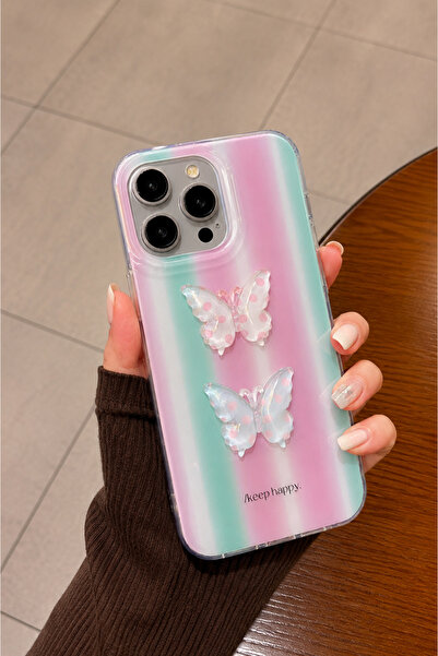 EDELFU iPhone 15 PRO MAX uyumlu - Epoksi Kelebekli Kapak, Yeşil ve Pembe Renk...