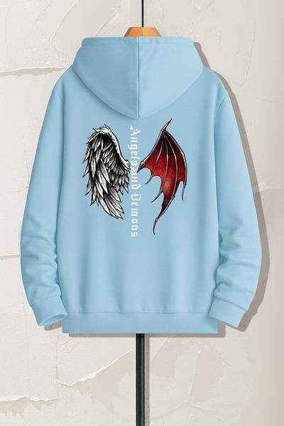 JANTIL MODA Unisex Oversize 3 Thread Yarn Kangaroo Pocket Black "Angels and D...