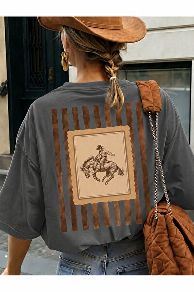 OVER HEAD Tricou supradimensionat cu imprimeu retro cowboy pentru femei