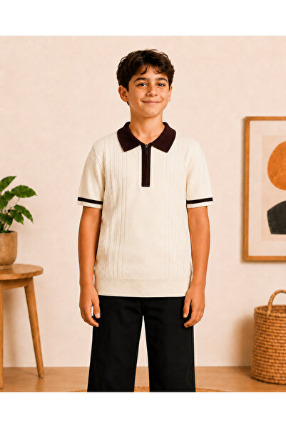 DECODASS 7-15 Years Old Boys' Polo Collar Half Zipper Self-Patterned Short Sl...