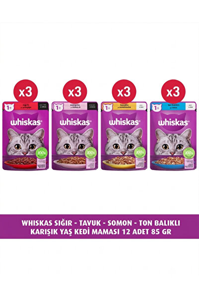 Whiskas Sığır- Somon - Tavuklu - Ton Balık Karışık Yaş Kedi Maması (12×85gr)