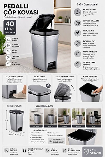 E-LİFE HOME Pedallı İç Kovalı Çöp Kovası 40 Litre GRİ
