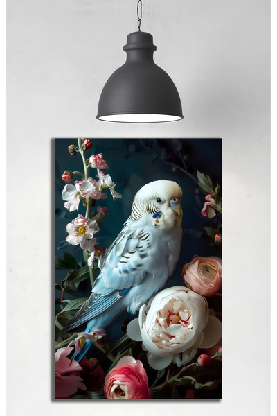 Evnora Home Decor Cam Tablo Muhabbet Kuşu – Mavi Beyaz Muhabbet Kuşu ve Çiçek...