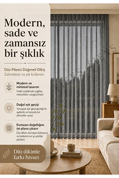FİENS Antrasit Lüks Keten File Tül Perde - Pilesiz, Düz Dikim Kornişli - Ütü İstemez Ağır Gamajlı Kedi Dostu