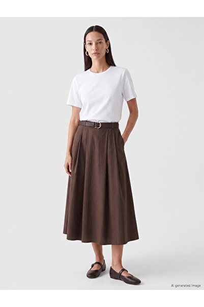 LC Waikiki Brown A-Line Flared Skirt with Belt at the Waist