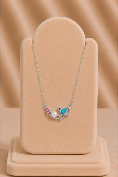 mdm style Silver Necklace with Bird Figure and Pearls and Colored Stones