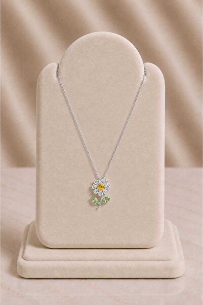 mdm style Silver Necklace with Flower Figures and Yellow and Green Stones