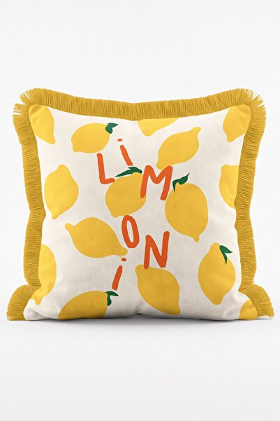 IdeCraft Sarı Limon ve Limoni Yazı Desenli Dekoratif Saçaklı Kırlent Kılıfı