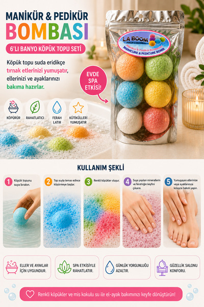 la boom 6 Renkli Manikür Pedikür Banyo Bombası Seti – Evde SPA Etkili El Ayak Bakım Köpüğü