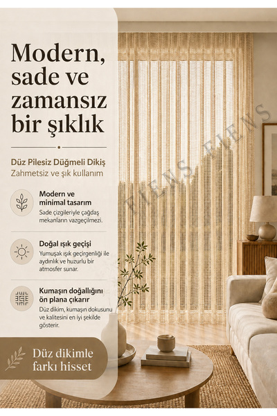 FİENS Bej Lüks Keten File Tül Perde - Pilesiz, Düz Dikim Kornişli - Ütü İstemez Ağır Gamajlı Kedi Dostu