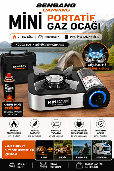 SENBANG Camping Mini Portatif Gaz Ocağı 2.1 kW – Butan Kartuşlu Kamp Ocağı, T...