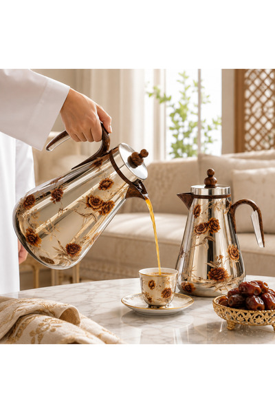 laverahome Luxury Floral Embossed Coffee & Tea Set - Silver Stainless Steel with Elegant Wood Grain Accents