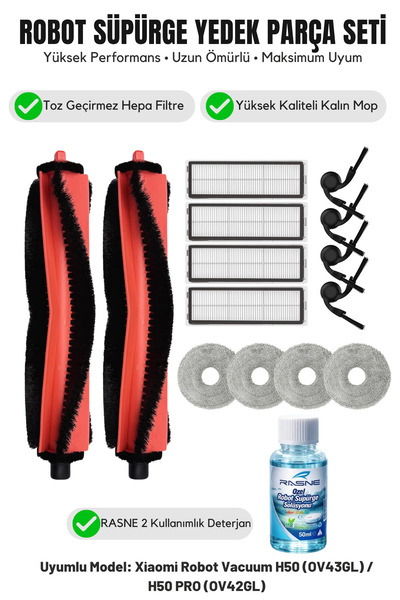 Asgard Grup Xiaomi Vacuum H50 (OV43GL) / H50 PRO (OV42GL) ile Uyumlu 2 Ana Fırça 4 Yan Fırça 4 Filtre 4 Mop 1 Deterjan