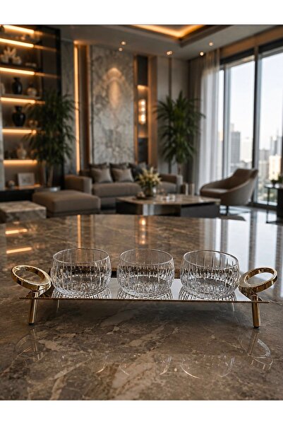 HOME SET 3’lü Kristal Kesme Kase & Paslanmaz Gold Sunum Tepsisi | Reçellik Çe...