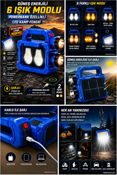 nelerbulurum Güneş Enerjili Şarjlı 6 Işık Modlu 2400 mAh Powerbank Özellikli Type-C LED Işıldak + Seyyar Lamba Hediye Ampul Kamp Lambası El Feneri Solar Aydınlatma Bahçe Aydınlatma