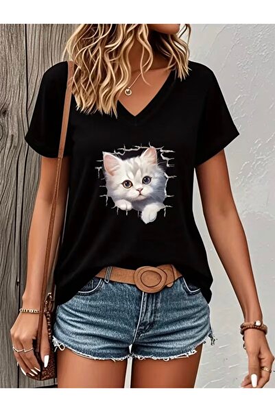 kealvi Women's V-Neck Cute Cat Printed Oversized T-Shirt