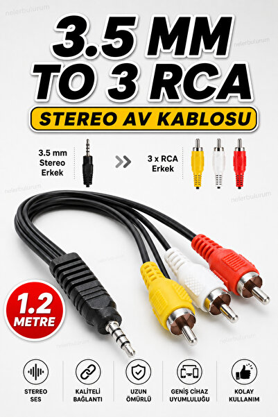 nelerbulurum Yüksek Kaliteli 3.5 mm AV Jack – 3 RCA Ses Kablosu 1.2 Metre | Atari Uydu Alıcısı, TV, DVD ve Medya Oynatıcı Uyumlu