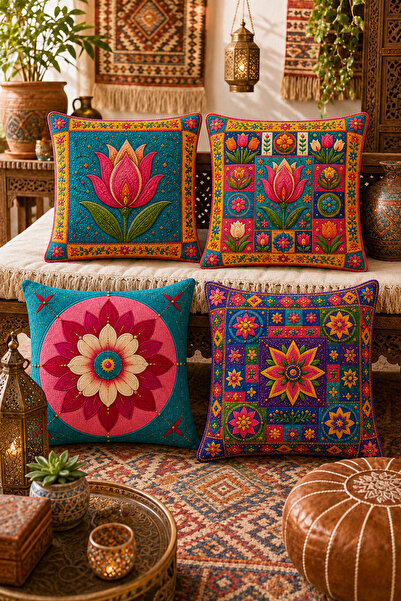 ayshome textile 3 BOYUTLU DİJİTAL BASKI Lale Maksimalist Desen 4'Lü Kırlent Kılıfı Seti 43x43