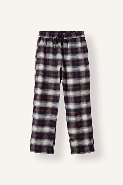 DeFacto Regular Fit Plaid Patterned Waist Tie Long Length Flannel Pajama Bott...