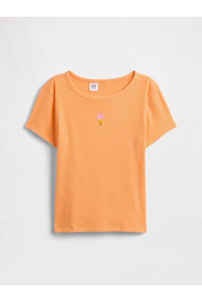GAP Kız Çocuk Turuncu Fitilli Bisiklet Yaka T-Shirt