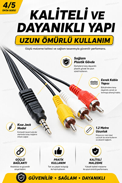 nelerbulurum Yüksek Kaliteli 3.5 mm AV Jack – 3 RCA Ses Kablosu 1.2 Metre | Atari Uydu Alıcısı, TV, DVD ve Medya Oynatıcı Uyumlu