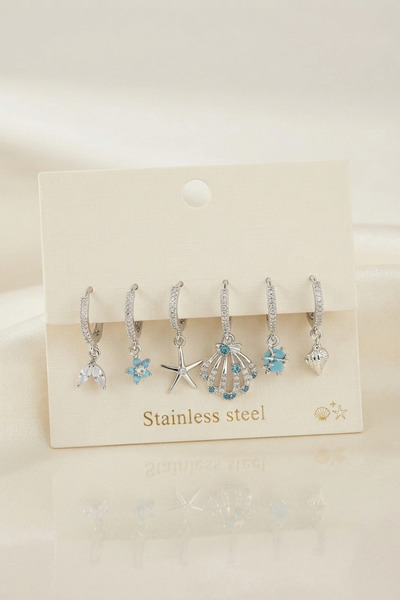 shopwave Krm 316L Steel Silver Color Sea Shell Concept Women's Earring Set Krm