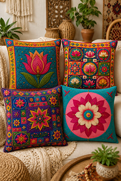 ayshome textile 3 BOYUTLU DİJİTAL BASKI Lale Maksimalist Desen 4'Lü Kırlent K...