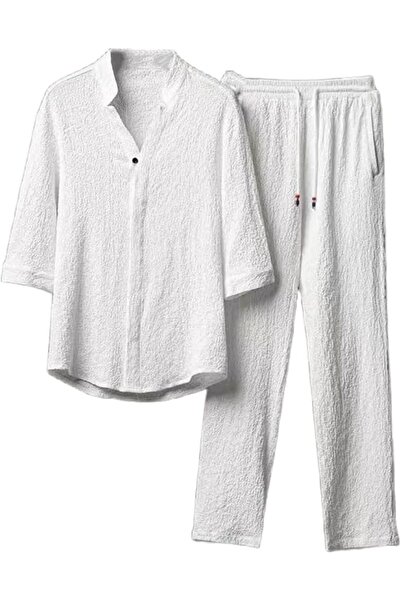 GENERAL Summer Men's Linen Clothing Set Casual Button-Down Short-Sleeved Shir...
