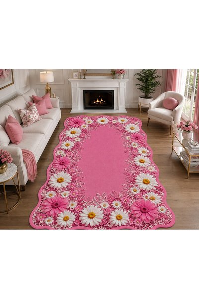 SİRA HOME Zarif Pembe Papatya Çiçekli Romantik Yıkanabilir Dijital Baskı Halı