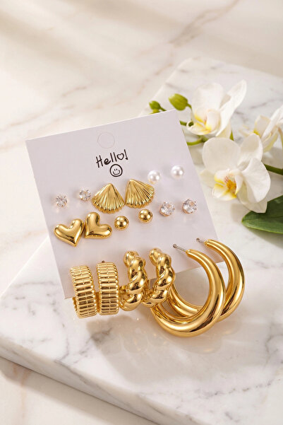 shopwave Gold Renk Metalik Kaplamalı Deniz Kabuğu Detaylı CCB 9 Çift Küpe Seti