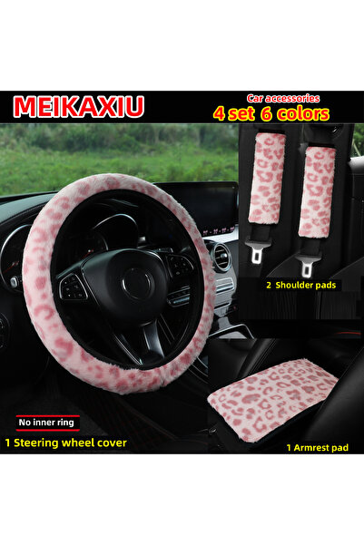 Choice1 Pink 4-Piece Winter Plush Steering Wheel Cover Leopard Print Comforta...