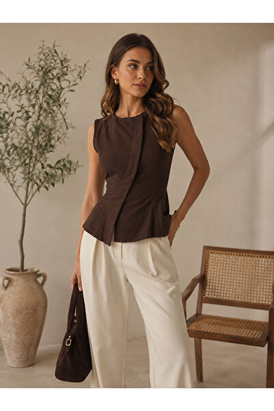 DEEP FAIR Women's Brown Crew Neck Sleeveless Asymmetrical Cut Woven Vest Cm26...