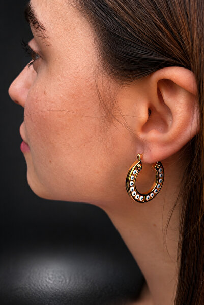 ByMerve Bym084-1 Rose Gold Evil Eye Beaded 2.5 cm Round Women's Steel Hoop Ea...