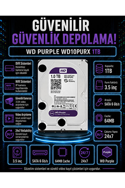DİSK BANK 1 TB PURPLE 3.5 İnç WD10PURX Kamera, DVR ve NVR Kayıt Sistemi Diski