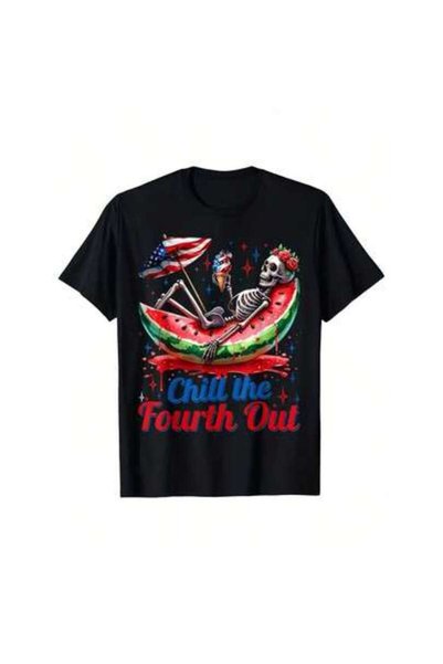 21JNRY تي شيرت Chill The Fourth Out Skeleton Watermelon للرابع من يوليو ذو طا...