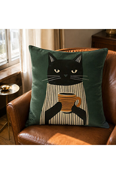 decoarstr Kahveli Kedi Figürlü Desenli Dekoratif Kırlent Kılıfı 43x43 cm - Ko...