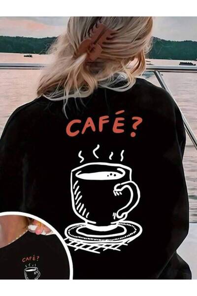 29CUN Women's Hand-Drawn Coffee Cup T-Shirt - Black Double-Sided Graphic Tee,...