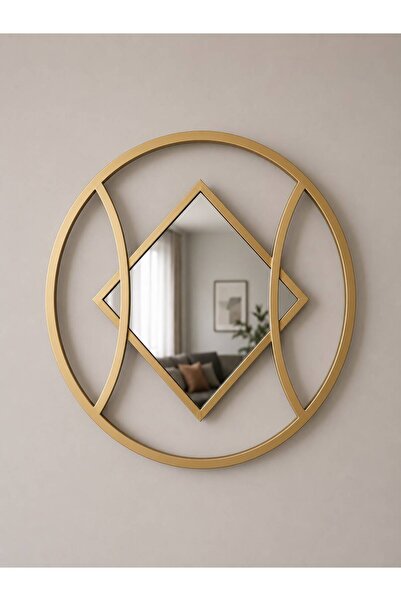 HADİD METAL DİZAYN Aura 80 cm Geometrik Metal Duvar Aynası – Mat Altın