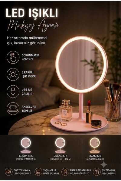 Rasa Işıklı Makyaj Aynası – 3 Farklı Işık Modlu, Dokunmatik Şarjlı Masa Üstü ...