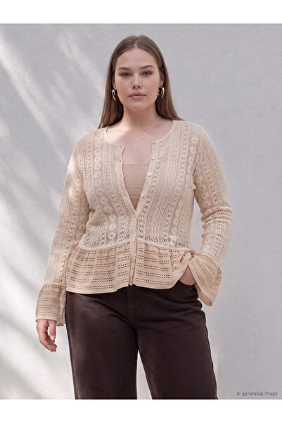LC Waikiki Bej Büyük Beden Dantelli Peplum Bluz
