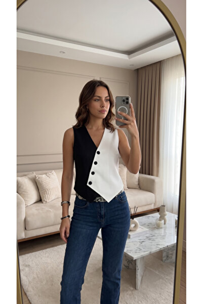 Kokosh moda Kadın Sıfır Kol V Yakalı Düğmeli Blok Renkli Atlas Yelek
