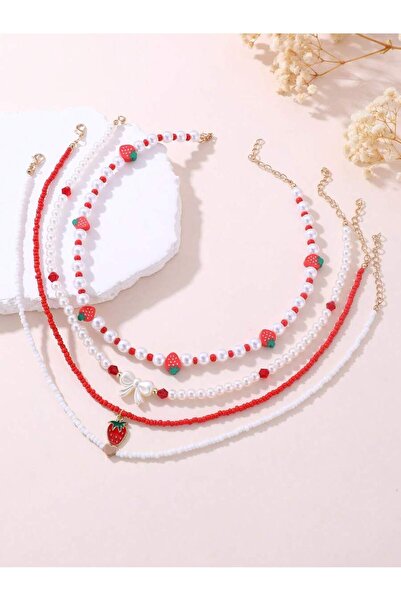 Choice Red 4pcs/Set Girls' Sweet Heart & Strawberry Pearl Beaded Necklace Set...