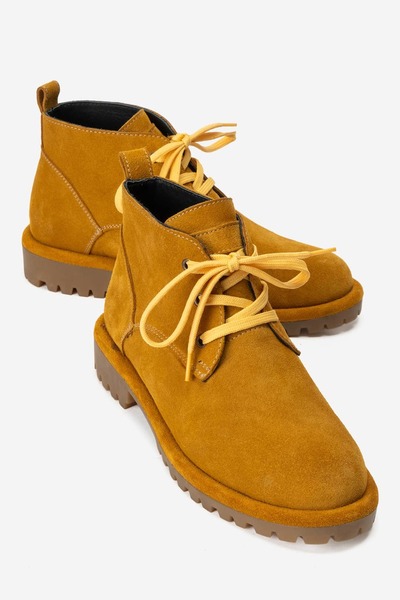 Zeynep Sıradağlı Partilla Women's Genuine Leather Lace-Up Boots Mustard Suede