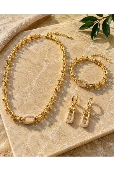TRİE Kolye Küpe Bileklik Set